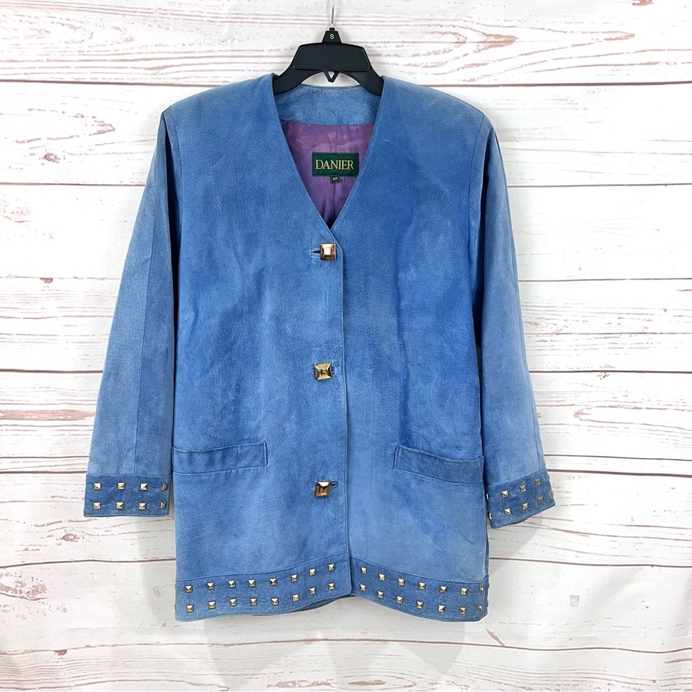 Vintage 90’s Danier Canada Blue Suede Leather Studded Blazer Jacket